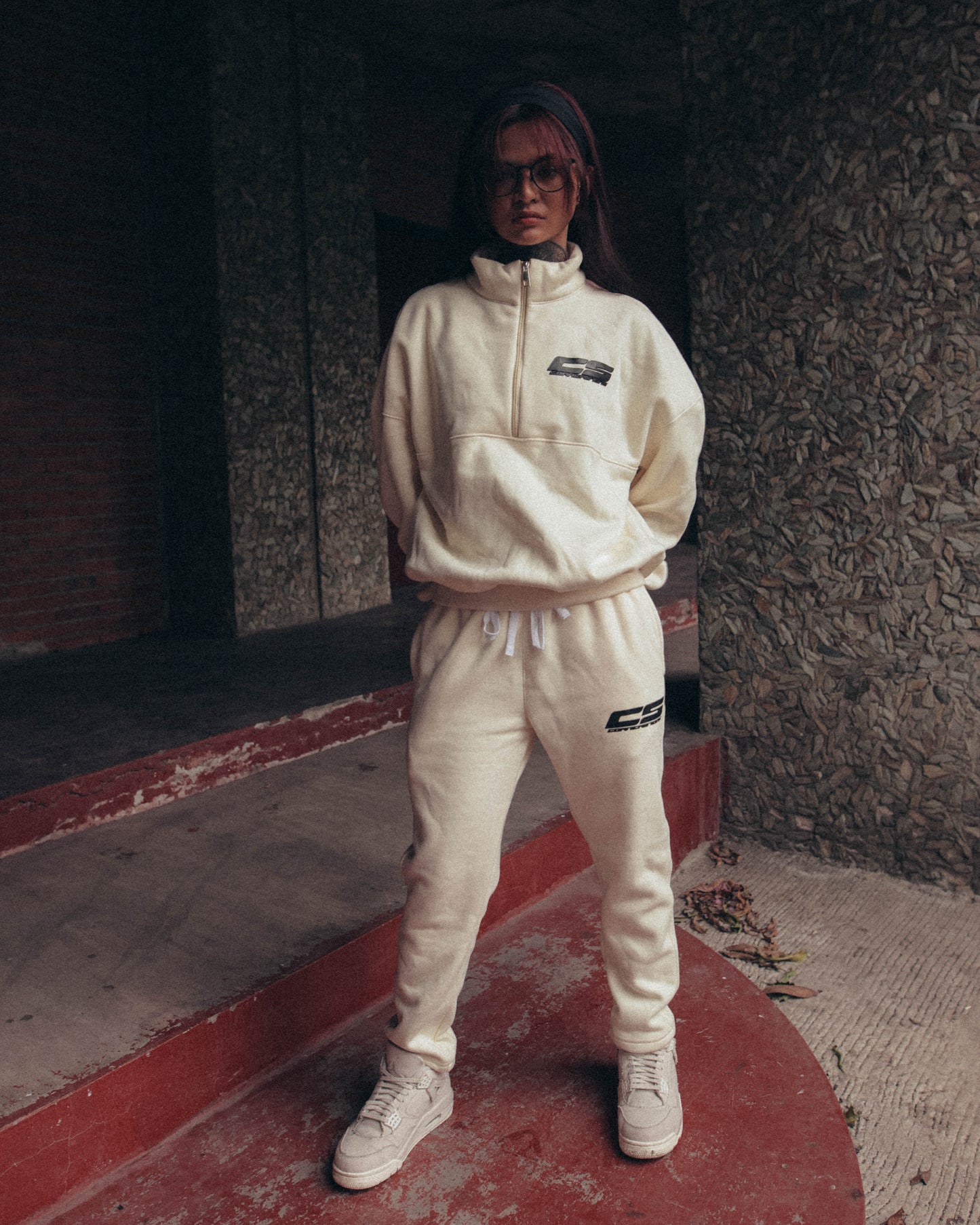 DROP SHOULDER QUARTER ZIP TRACKSUIT IN CHAMPAGNE CREAM