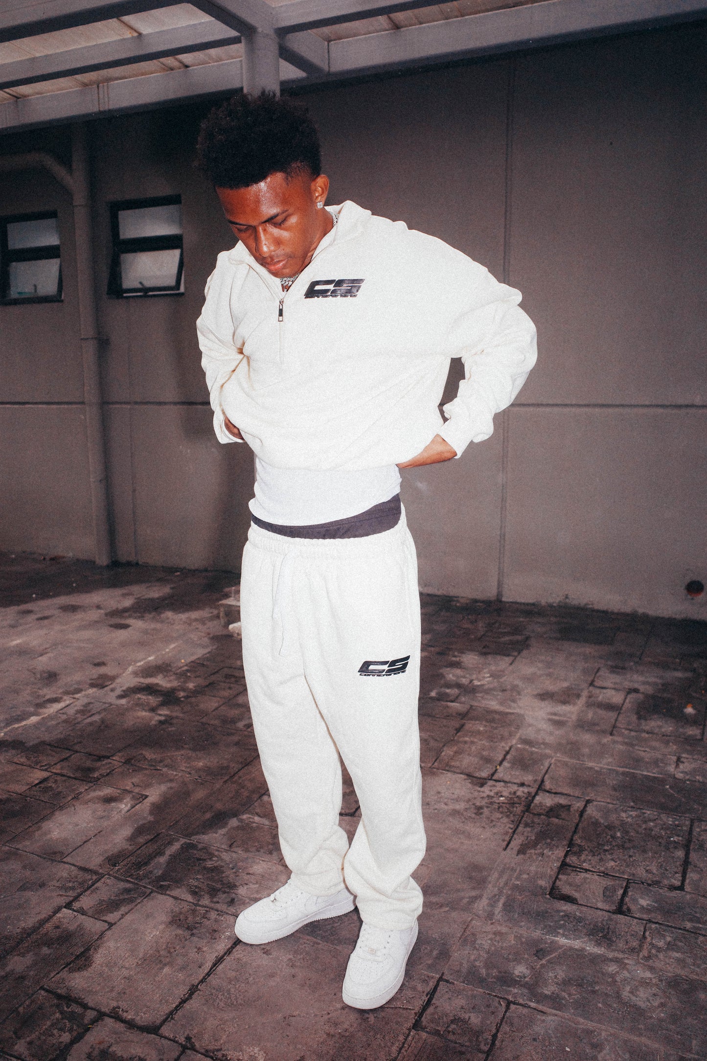 DROP SHOULDER QUARTER ZIP TRACKSUIT IN CHAMPAGNE CREAM