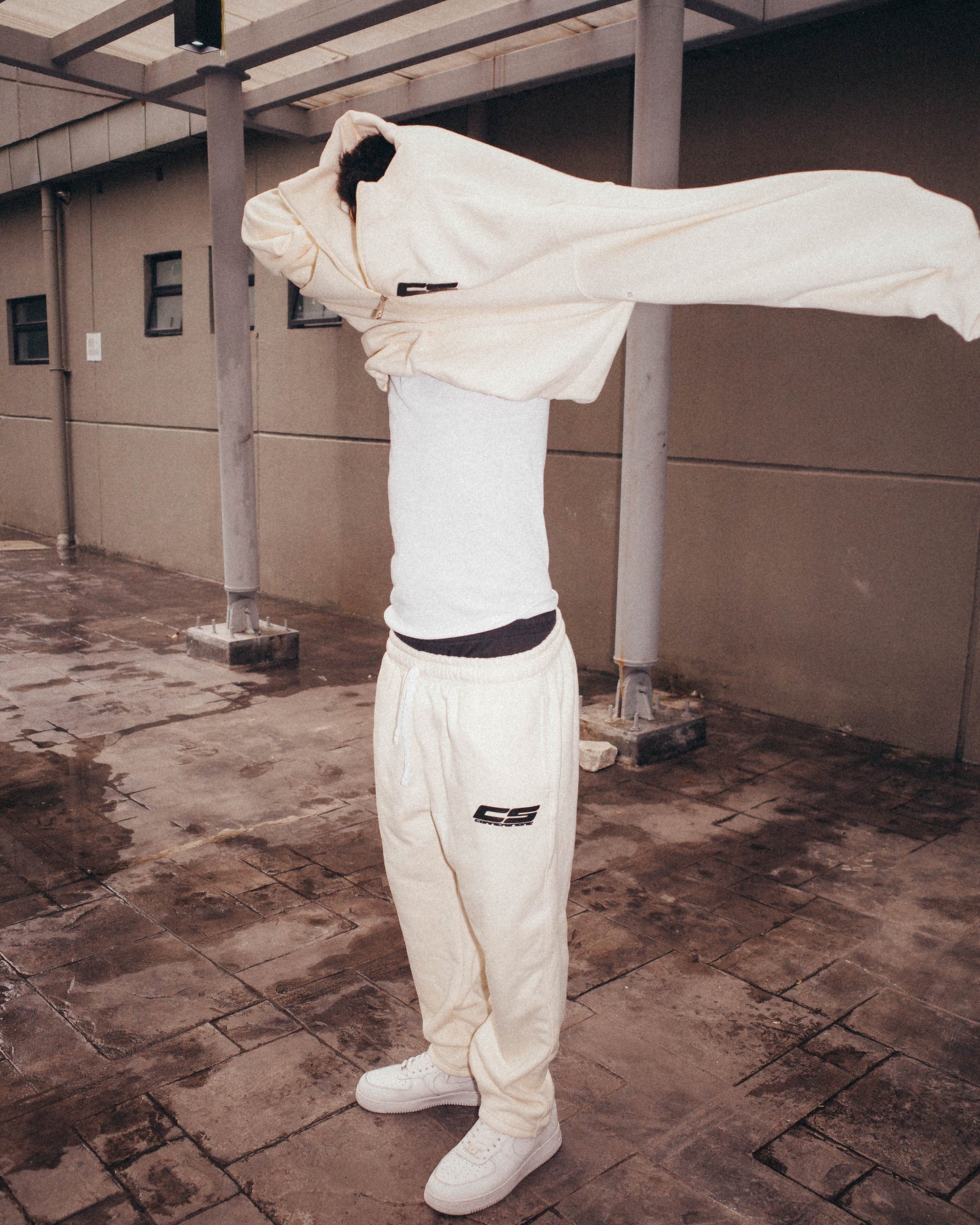 DROP SHOULDER QUARTER ZIP TRACKSUIT IN CHAMPAGNE CREAM