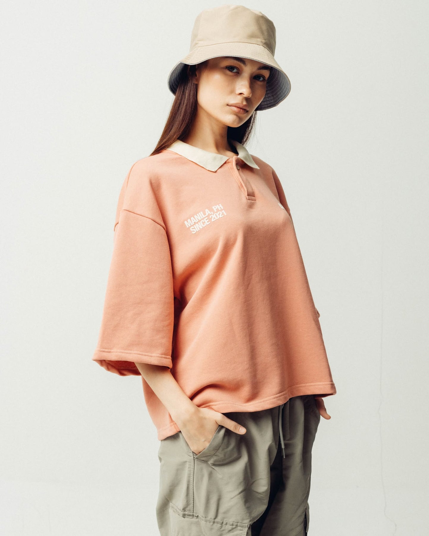 BOXY CROPPED COLLARED SHIRT IN SALMON