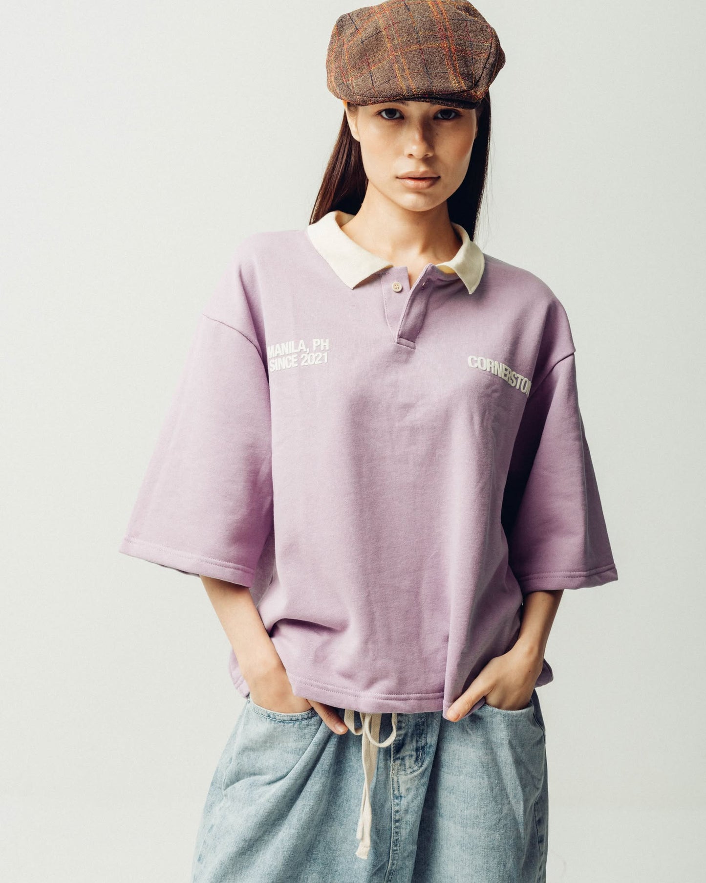 BOXY CROPPED COLLARED SHIRT IN LILAC