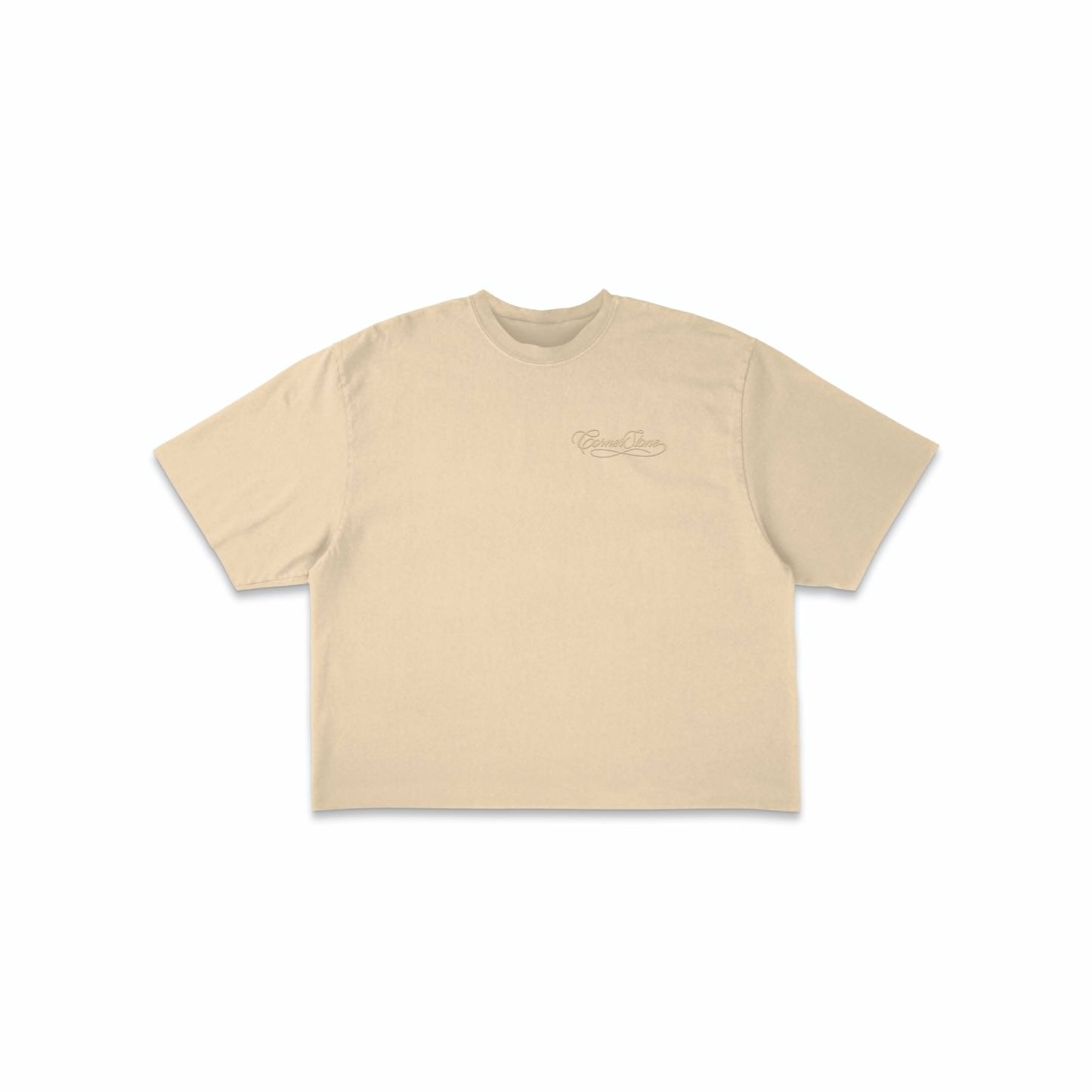 S/S26 DECONSTRUCTED EMBROIDERED RAW HEM TEE IN CAMEL