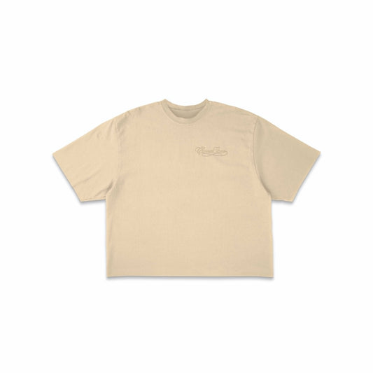 S/S26 DECONSTRUCTED EMBROIDERED RAW HEM TEE IN CAMEL