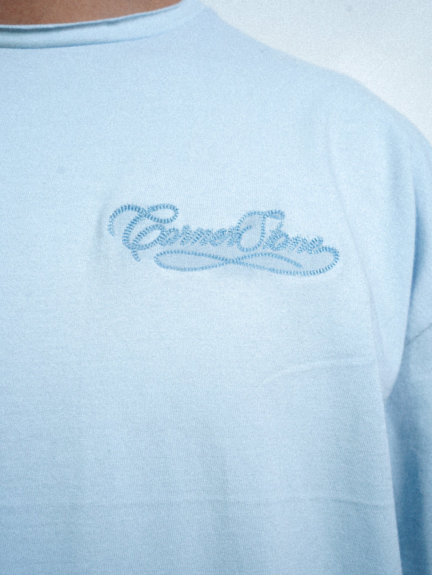 S/S26 DECONSTRUCTED EMBROIDERED RAW HEM TEE IN POWDER BLUE