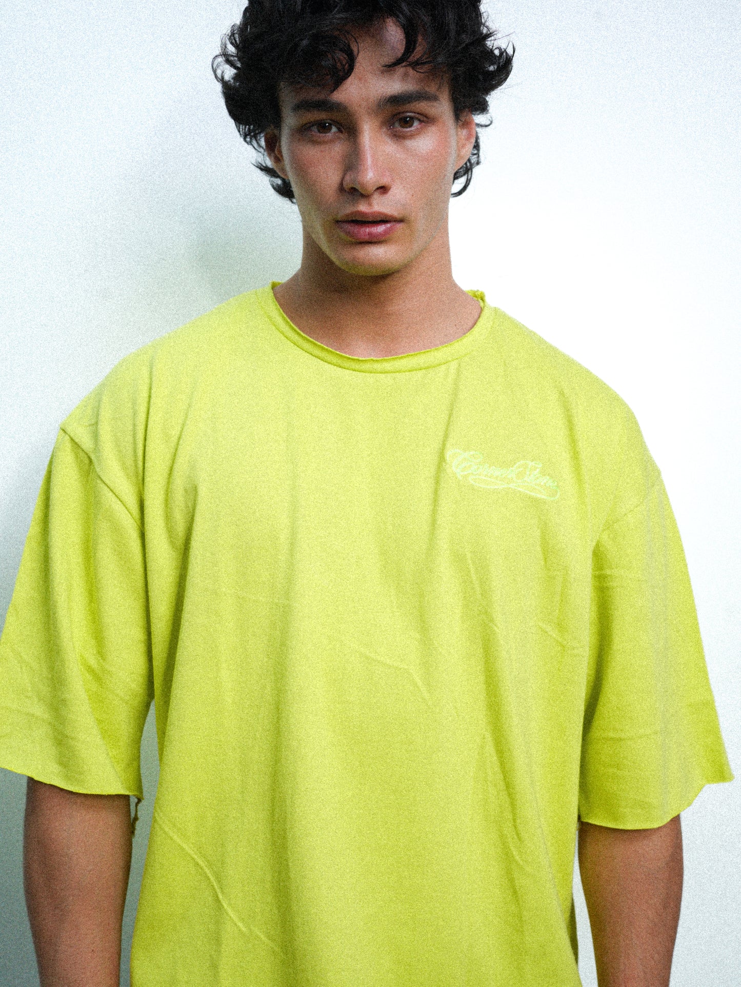 S/S26 DECONSTRUCTED EMBROIDERED RAW HEM TEE IN SLIME