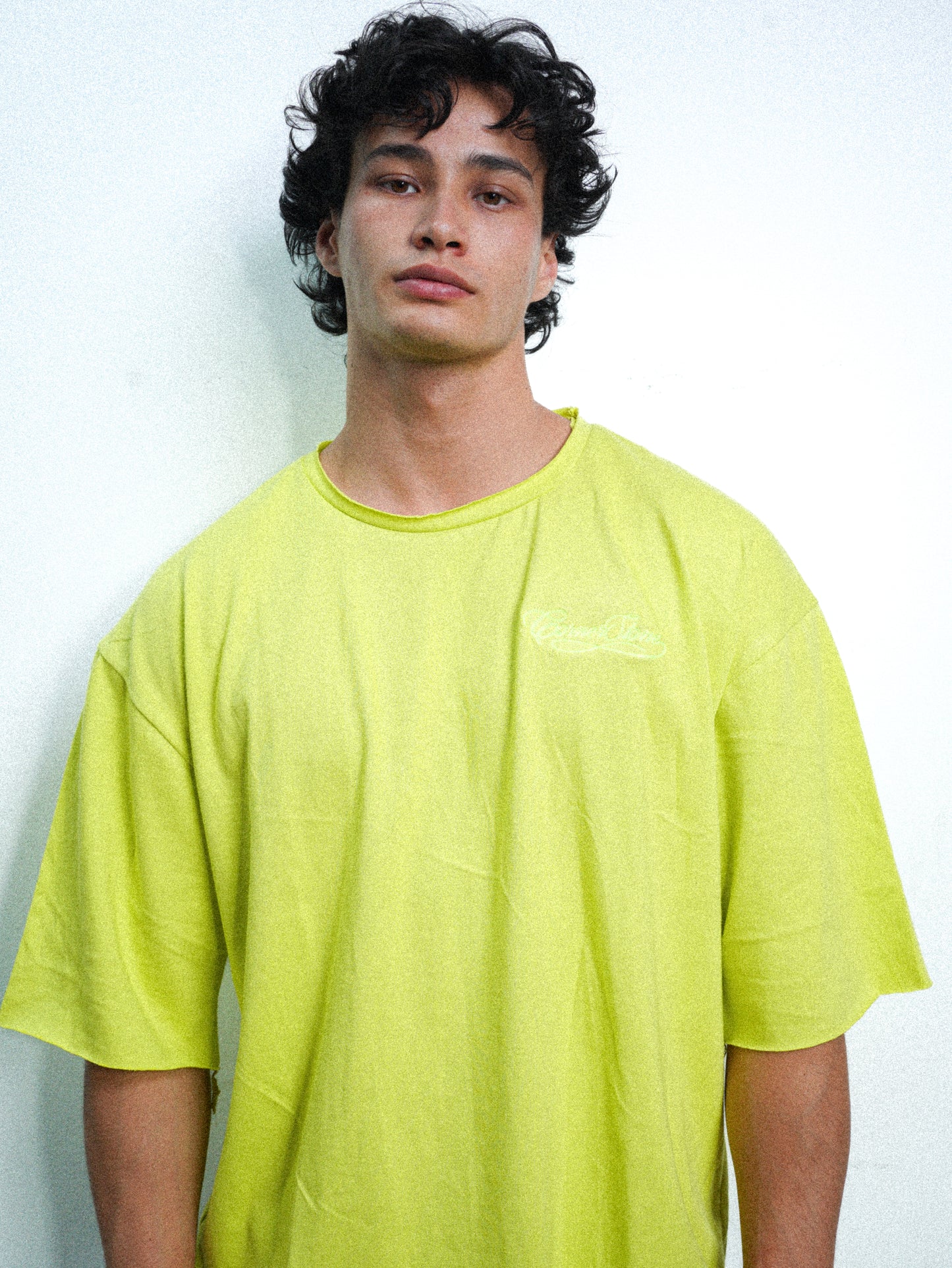 S/S26 DECONSTRUCTED EMBROIDERED RAW HEM TEE IN SLIME
