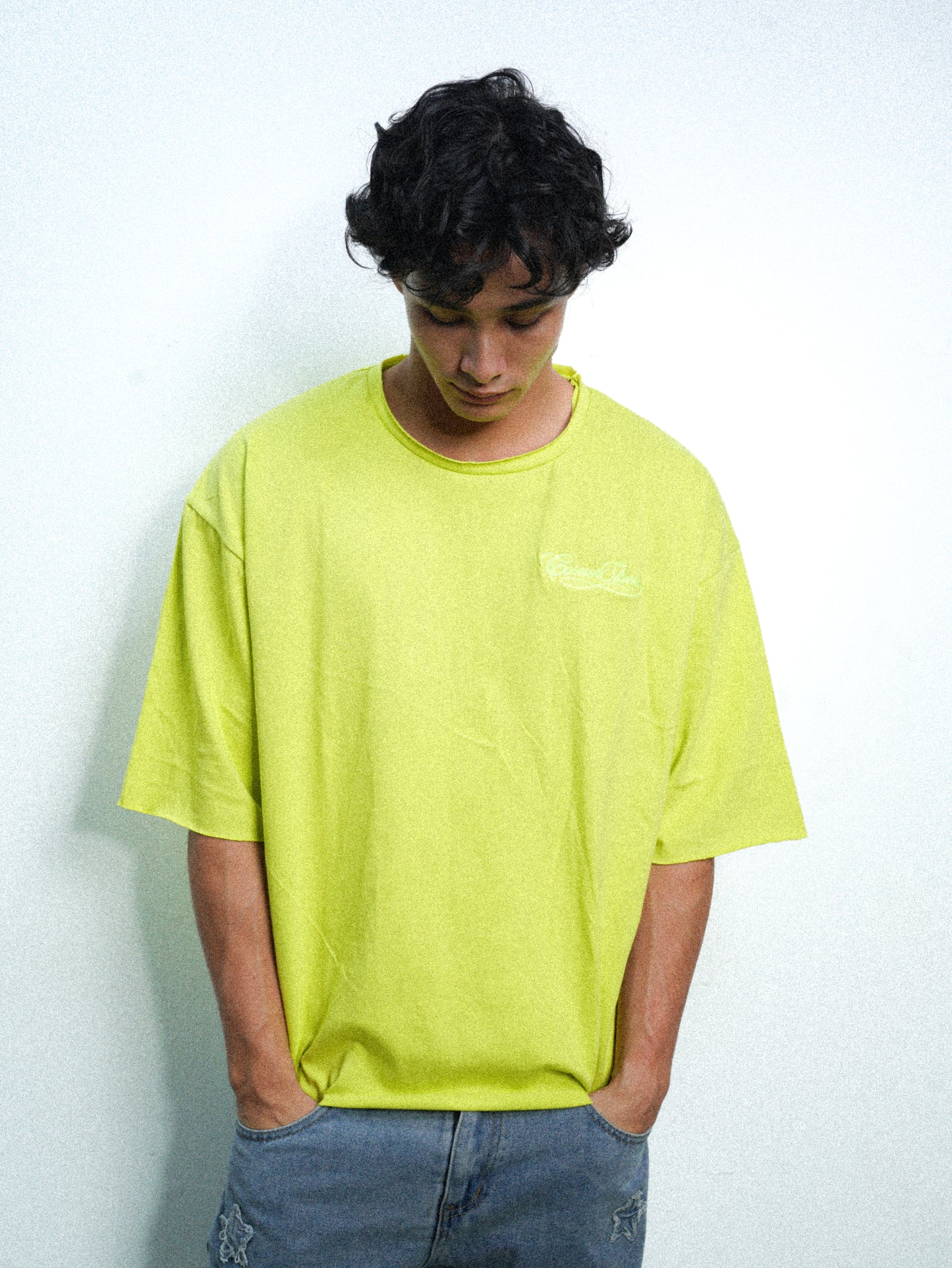 S/S26 DECONSTRUCTED EMBROIDERED RAW HEM TEE IN SLIME