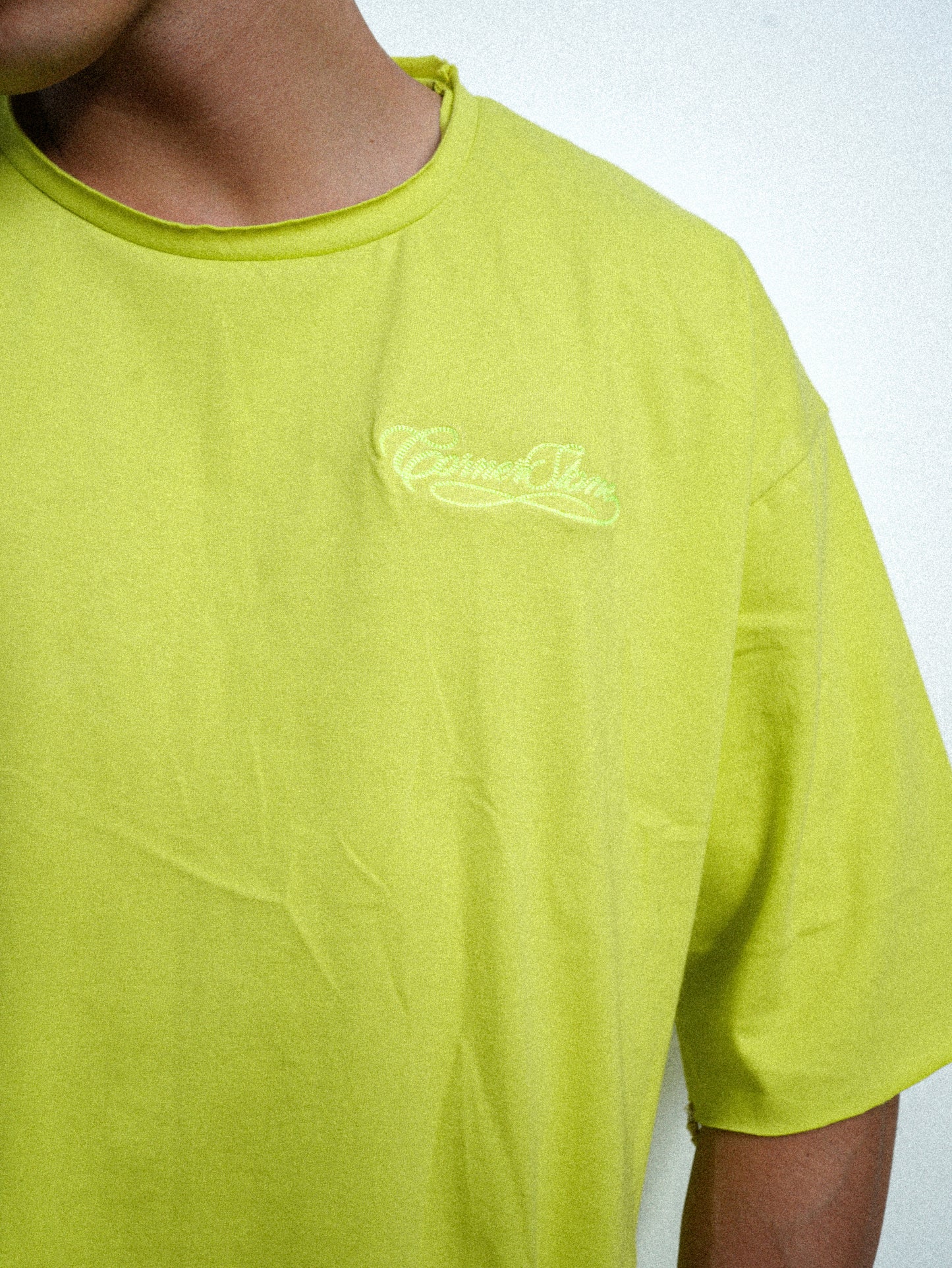 S/S26 DECONSTRUCTED EMBROIDERED RAW HEM TEE IN SLIME