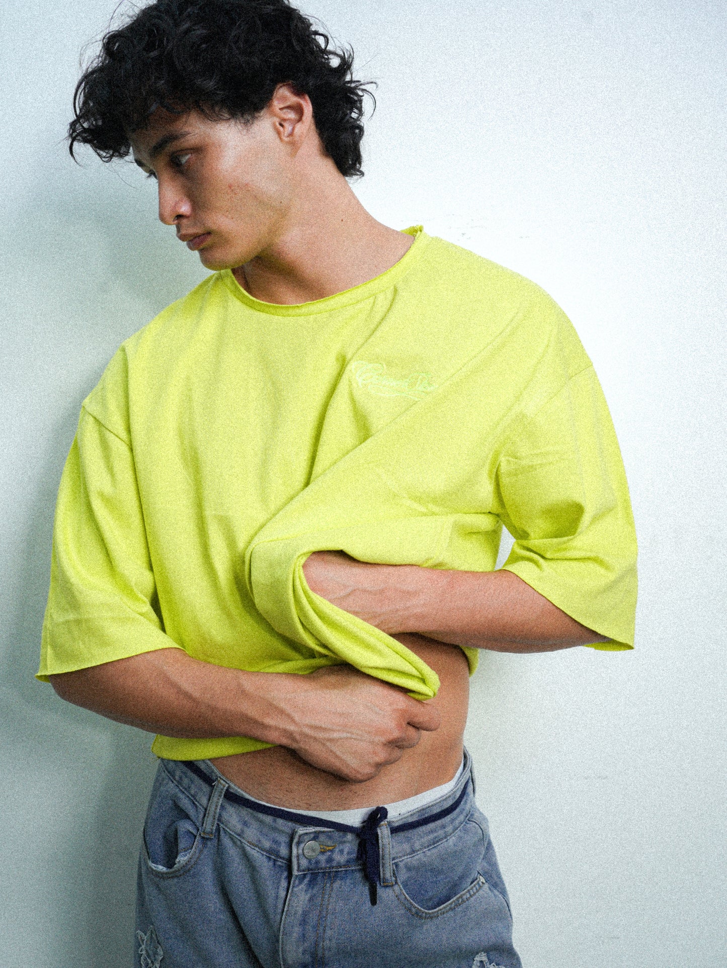 S/S26 DECONSTRUCTED EMBROIDERED RAW HEM TEE IN SLIME