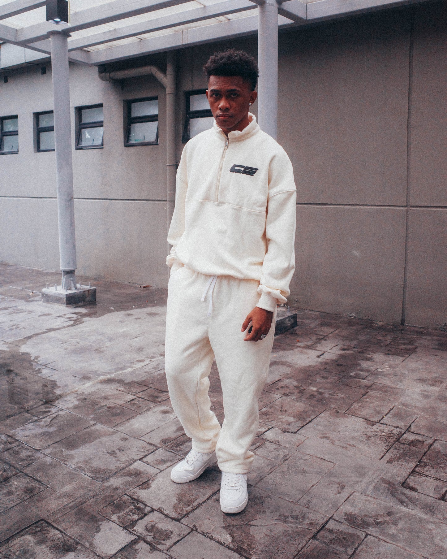 DROP SHOULDER QUARTER ZIP TRACKSUIT IN CHAMPAGNE CREAM